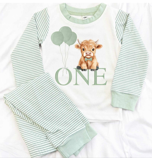Pastel Sage Stripe Highland Cow Pjs